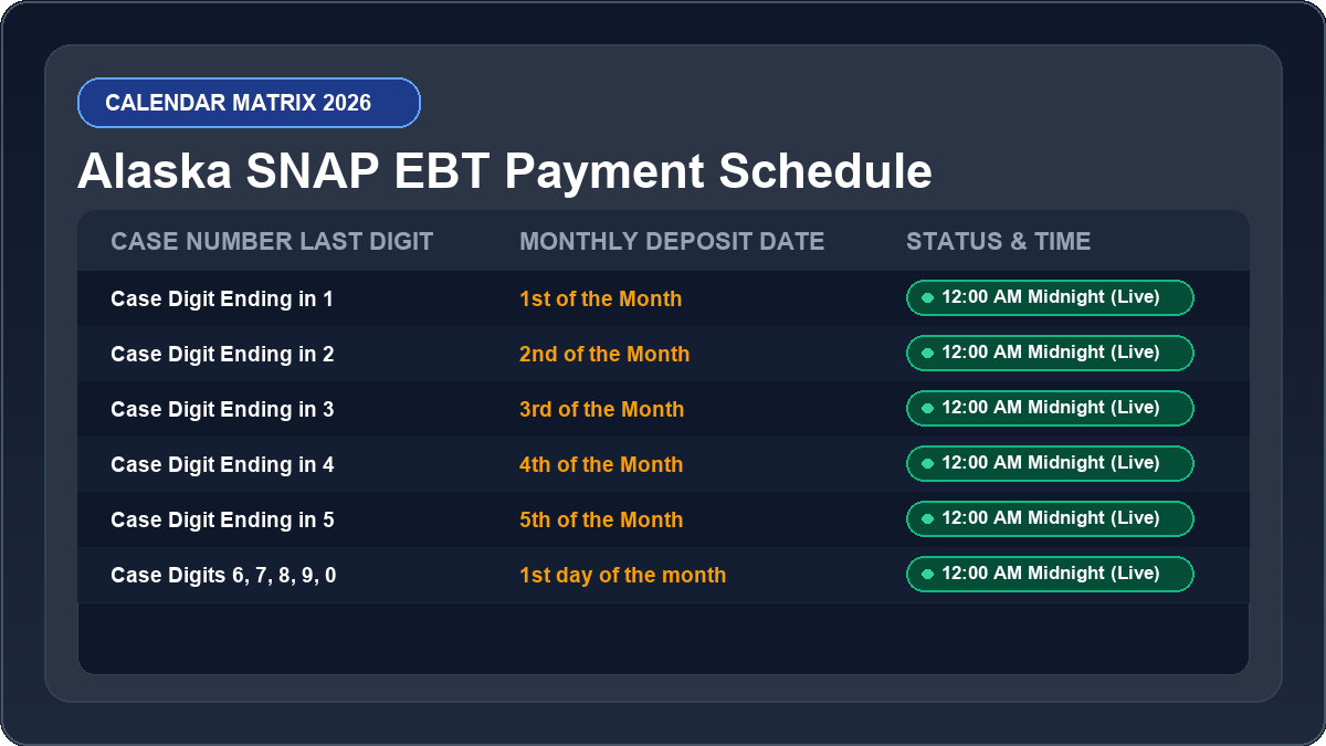 Alaska EBT Deposit Schedule 2026 Monthly Calendar Matrix Chart