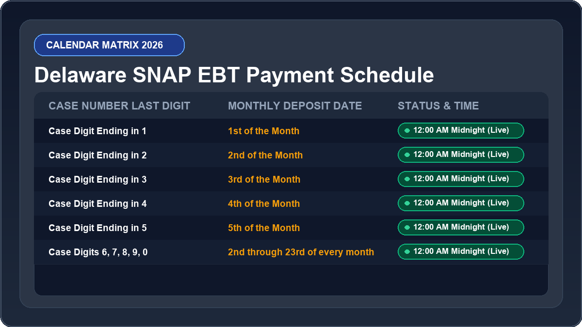 Delaware EBT Deposit Schedule 2026 Monthly Calendar Matrix Chart