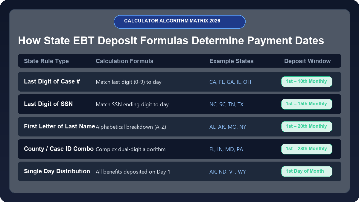EBT Deposit Calculator 2026 Monthly Calendar Matrix Chart