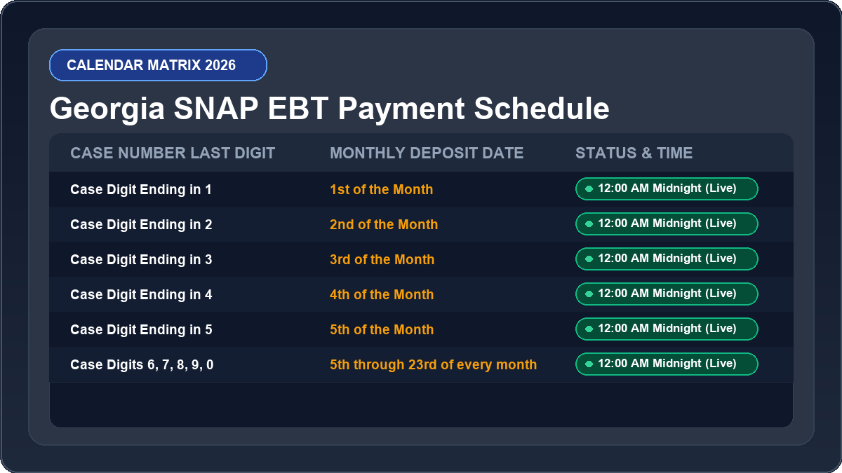 Georgia EBT Deposit Schedule 2026 Monthly Calendar Matrix Chart