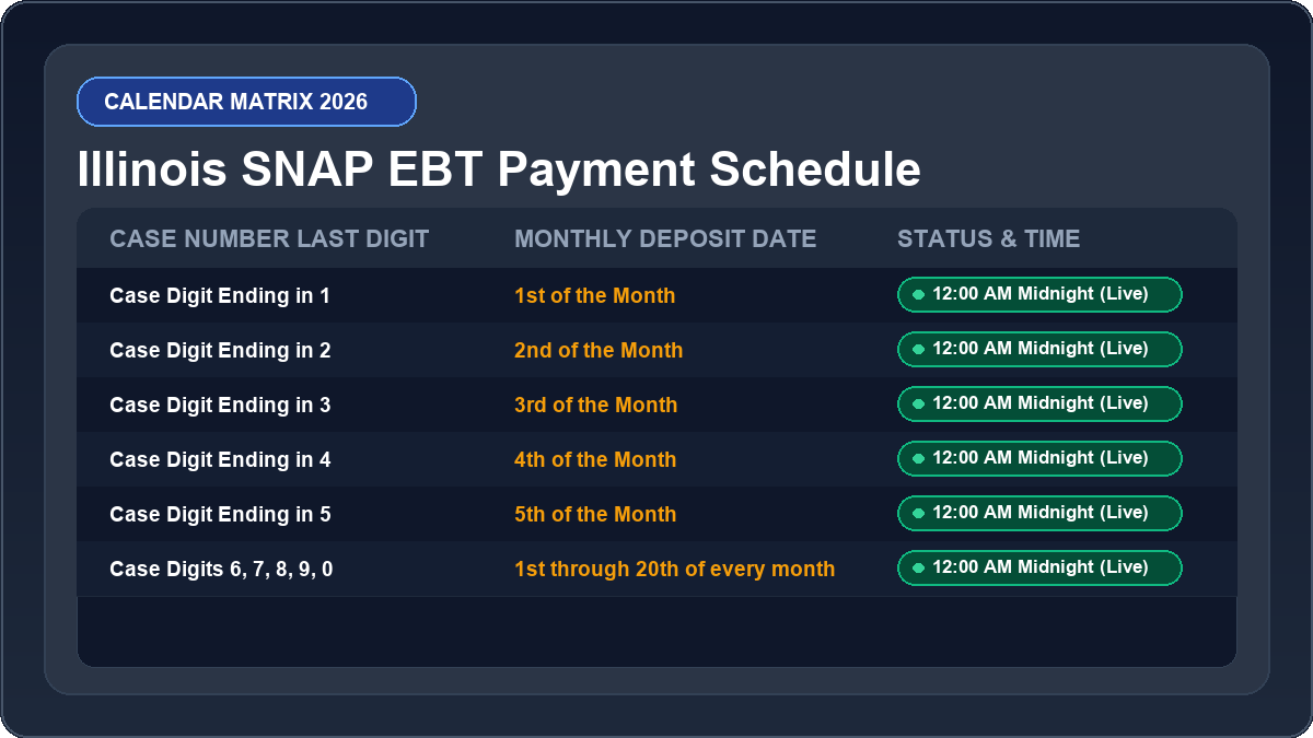 Illinois EBT Deposit Schedule 2026 Monthly Calendar Matrix Chart