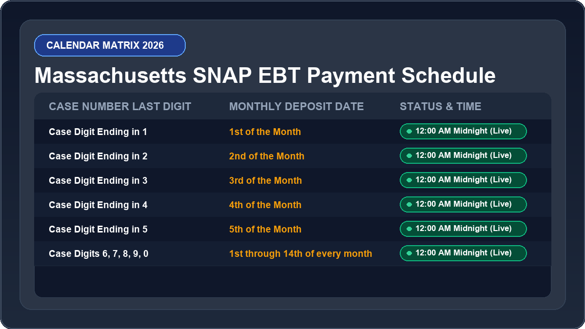 Massachusetts EBT Deposit Schedule 2026 Monthly Calendar Matrix Chart
