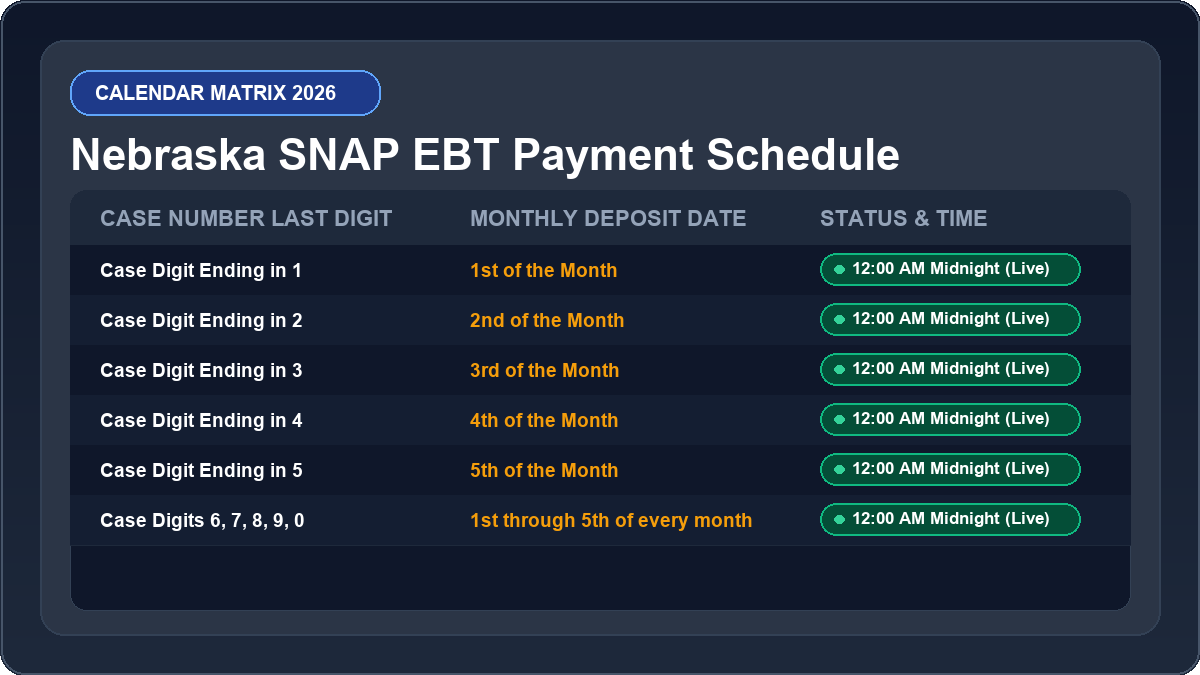 Nebraska EBT Deposit Schedule 2026 Monthly Calendar Matrix Chart