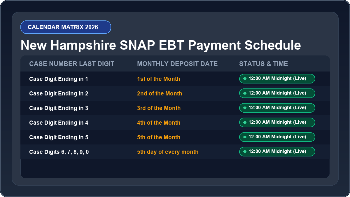 New Hampshire EBT Deposit Schedule 2026 Monthly Calendar Matrix Chart
