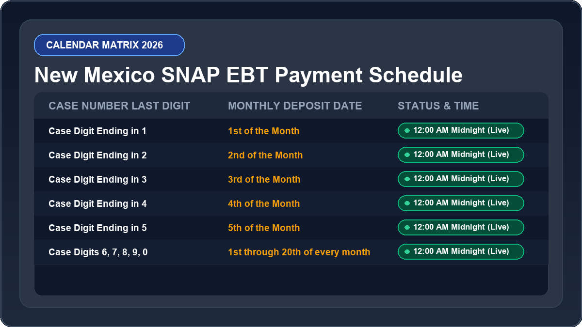 New Mexico EBT Deposit Schedule 2026 Infographic Chart New Mexico EBT Deposit Schedule 2026 Monthly Calendar Matrix Chart