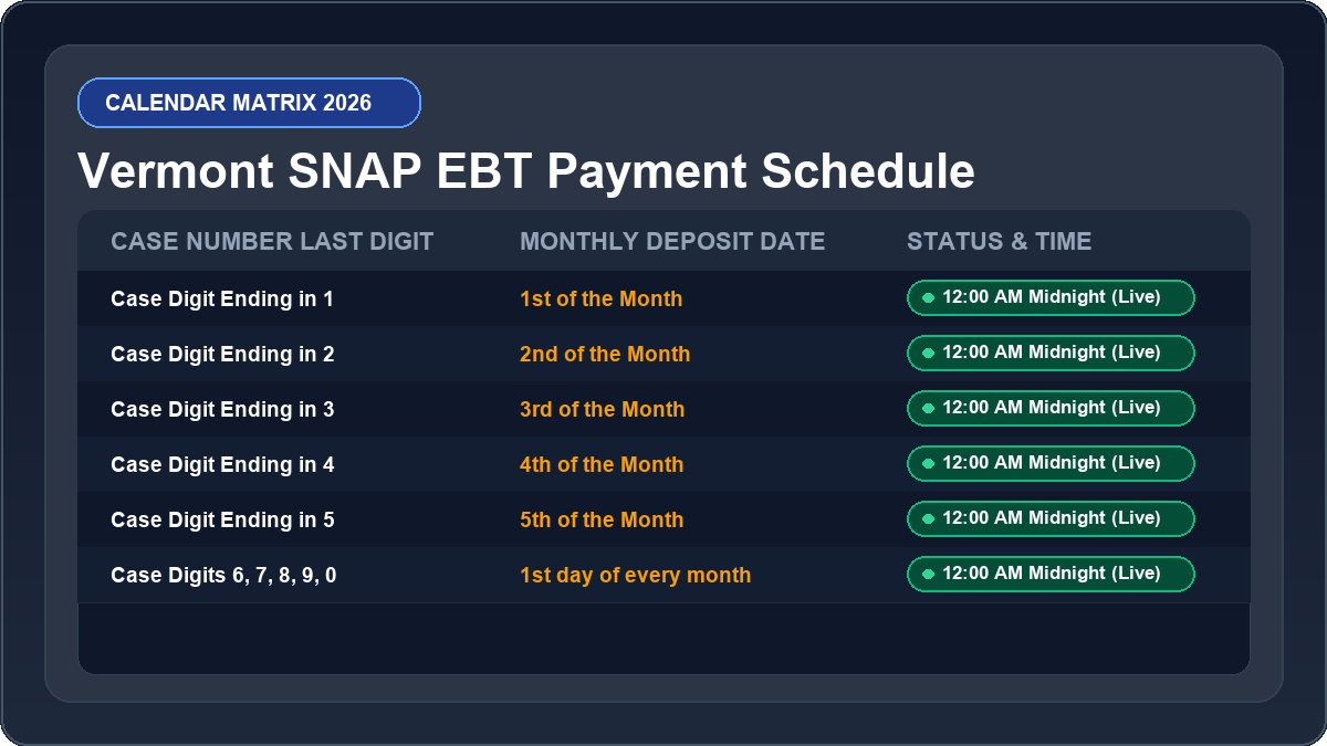 Vermont EBT Deposit Schedule 2026 Monthly Calendar Matrix Chart