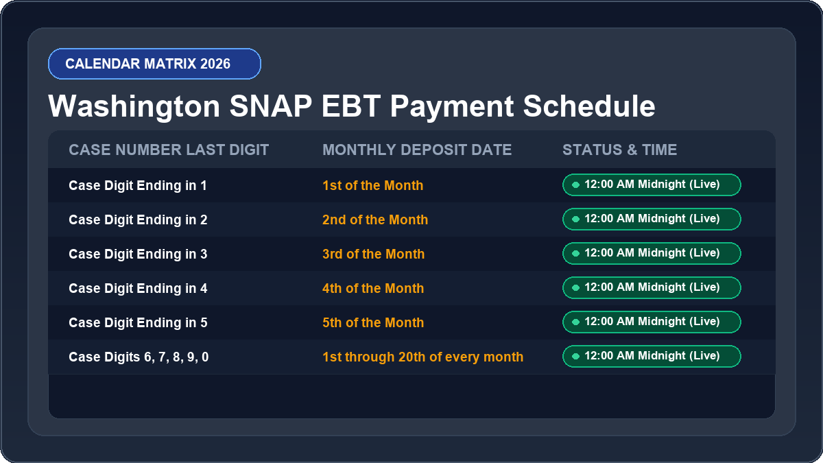 Washington EBT Deposit Schedule 2026 Monthly Calendar Matrix Chart