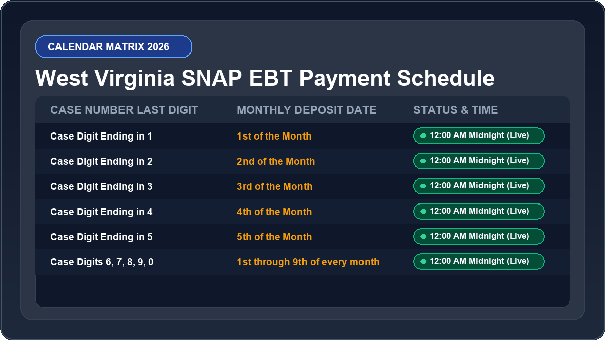 Virginia EBT Deposit Schedule 2026 Monthly Calendar Matrix Chart